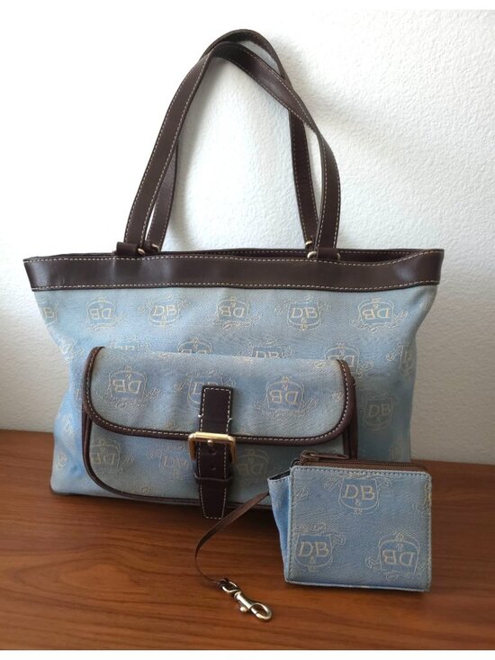 Dooney & Bourke Handbags - Dooney & Bourke East/West Blue & Brown Canvas Logo Tote w/ Matching Coin Pouch